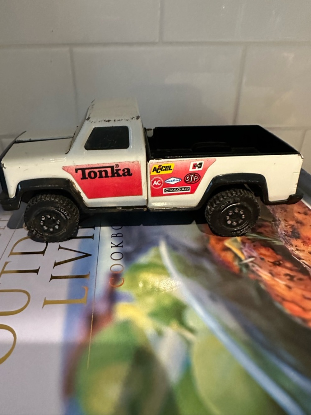 Vintage Tonka White and Red Metal Pickup Truck Toy with Decals